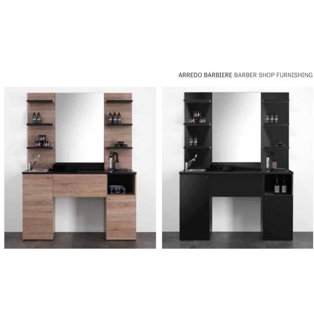 Postazione barbiere con specchio e lavandino