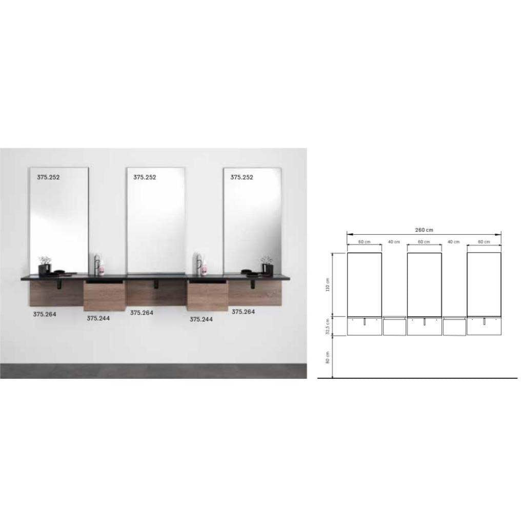 Postazione specchio tripla con cassetti integrati