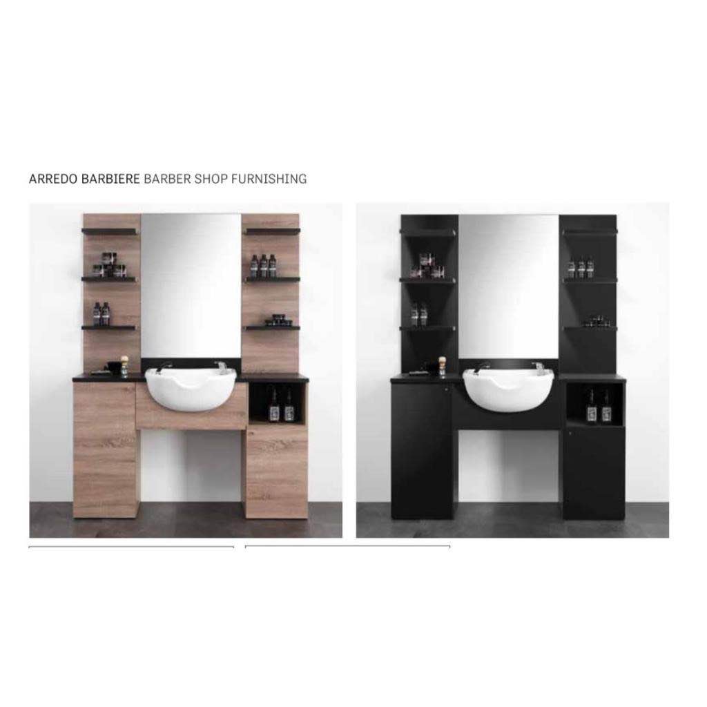 Postazione barbiere con lavandino e scaffalature