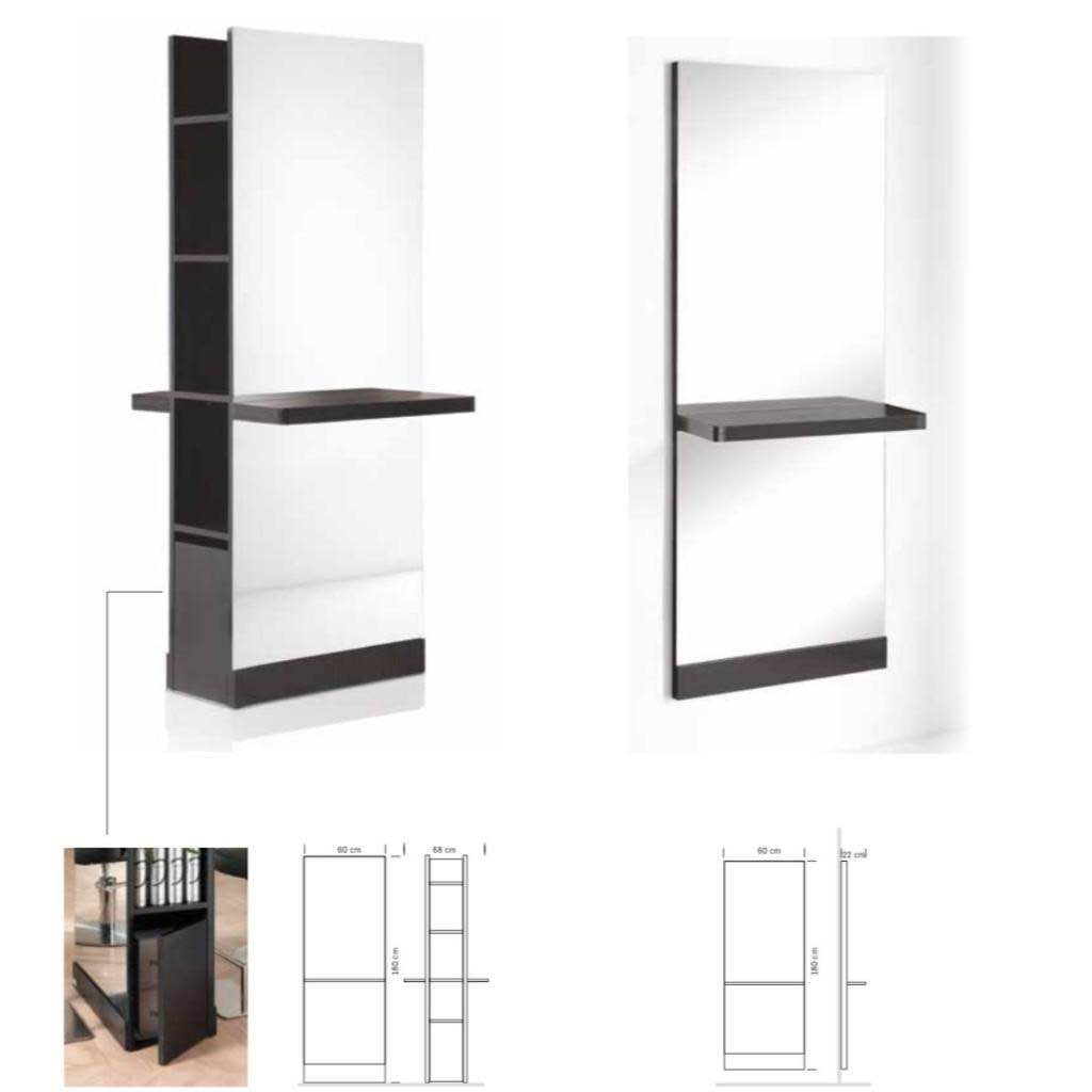 Postazione specchio con mensola e scaffalature laterali